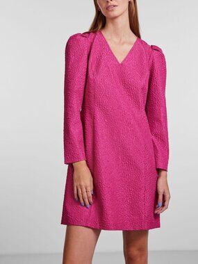 Textured Pink V-Neck Mini Dress with Structured Sleeves